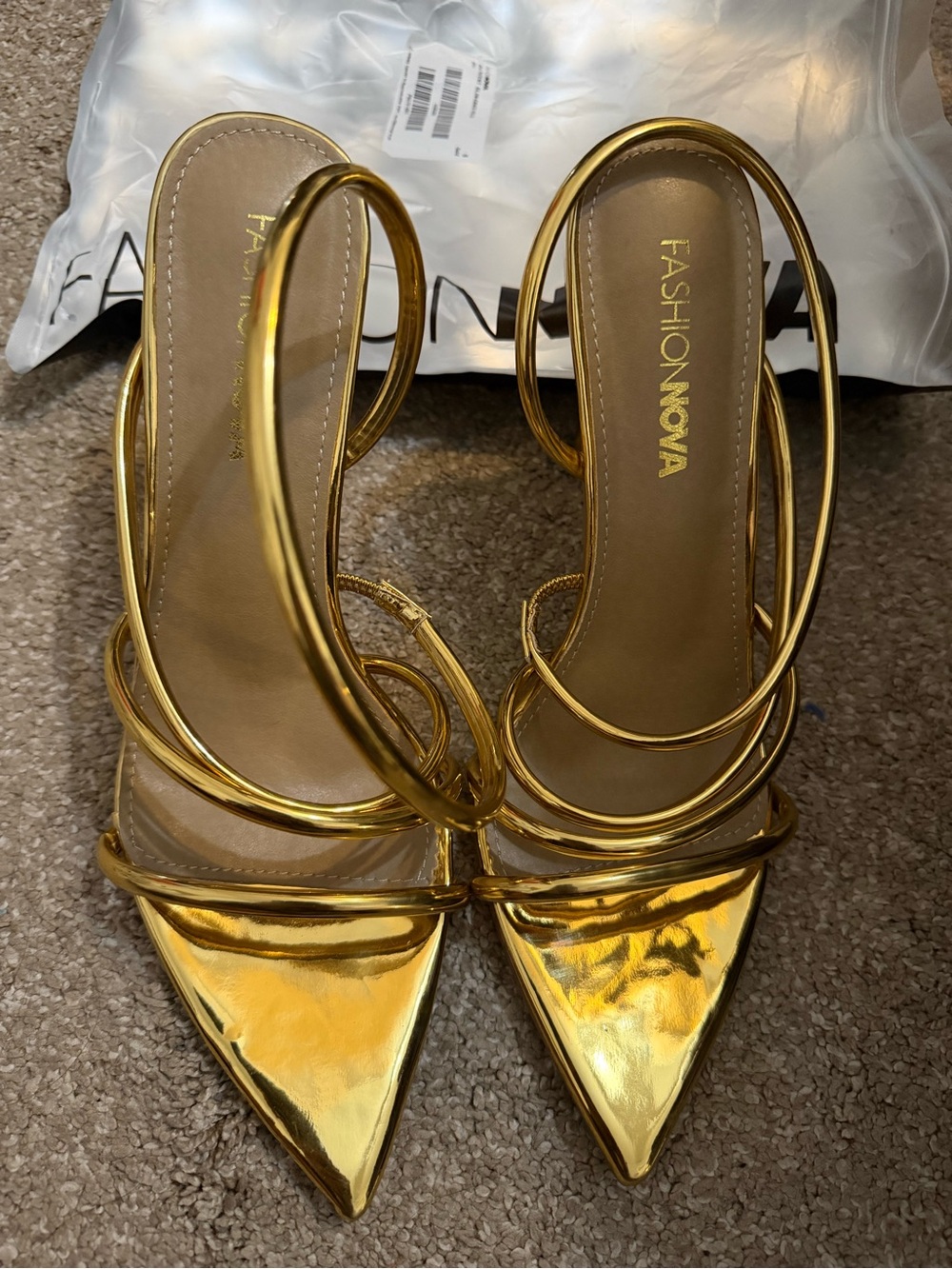 Fashion Nova Metallic Gold Spiral Strap Pointed Heels